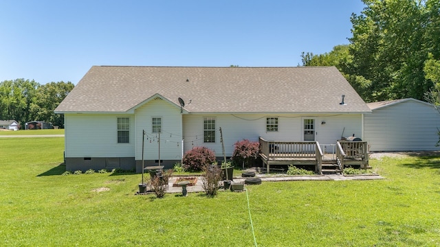 85 Two Boys Rd, Savannah, TN 38372 - rear view of property featuring a yard, a wooden deck, roof with shingles, and crawl space