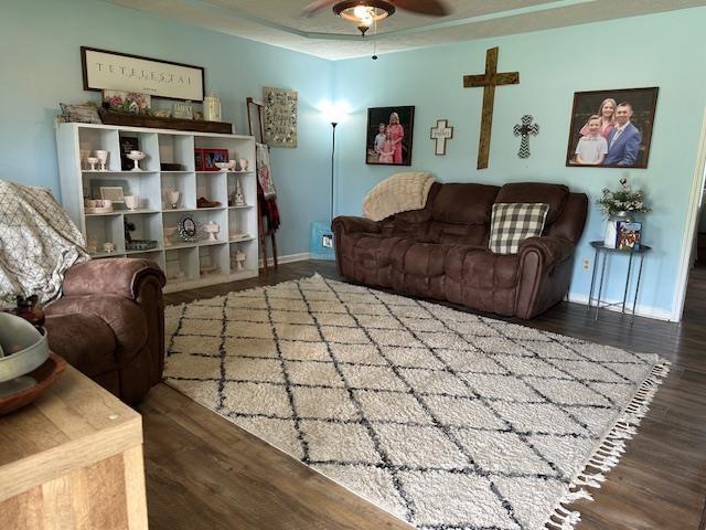 85 Two Boys Rd, Savannah, TN 38372 - living room featuring wood finished floors, baseboards, and ceiling fan