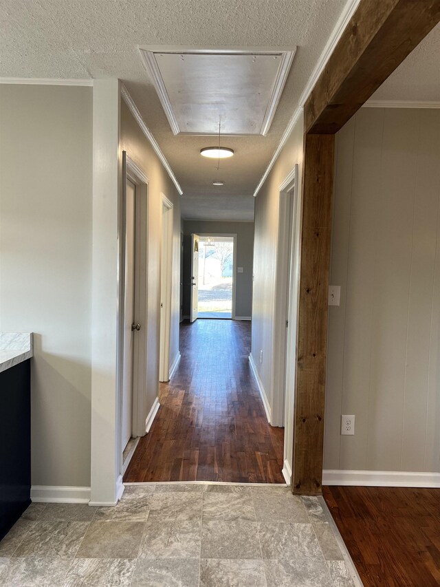 410 Pinhook Dr, Savannah, TN 38372 - hallway featuring baseboards, attic access, a textured ceiling, and ornamental molding