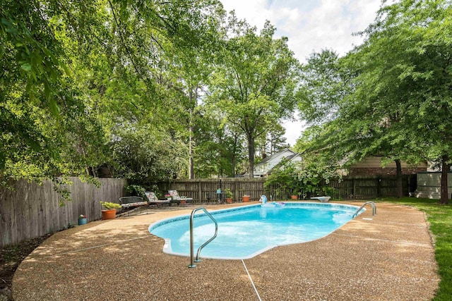 view of pool featuring a patio, a fenced backyard, and a fenced in pool