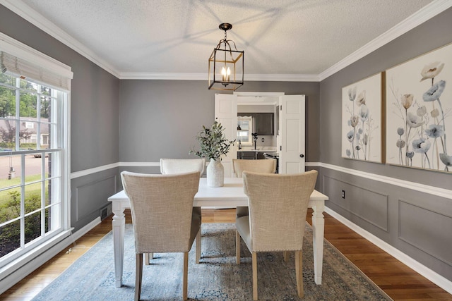 dining space featuring crown molding, a textured ceiling, a decorative wall, and wood finished floors
