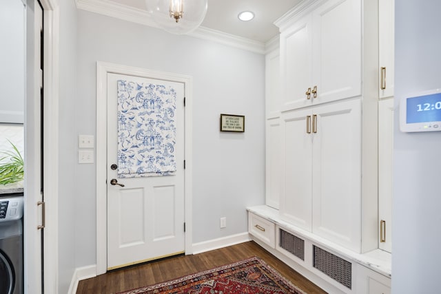 mudroom with ornamental molding, baseboards, washer / clothes dryer, dark wood-type flooring, and recessed lighting