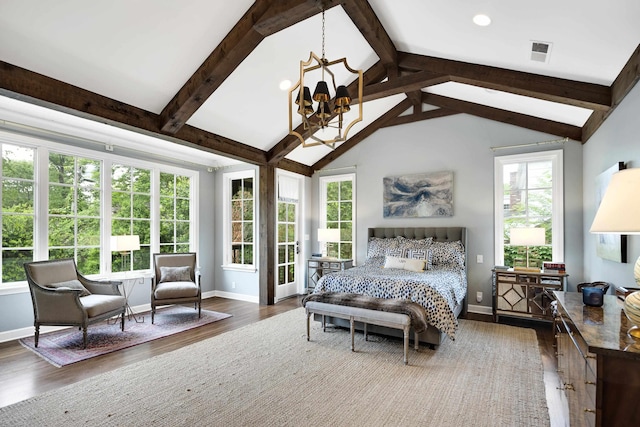 bedroom featuring vaulted ceiling with beams, baseboards, wood finished floors, and a notable chandelier