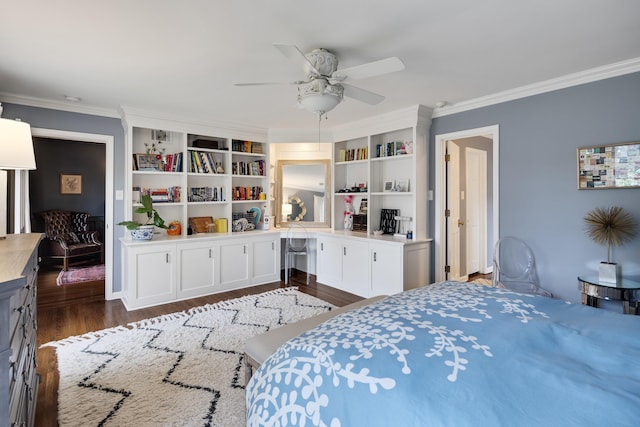 bedroom with crown molding, a ceiling fan, and wood finished floors