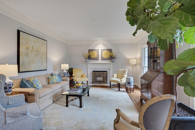 living room with crown molding, baseboards, wood finished floors, and a premium fireplace