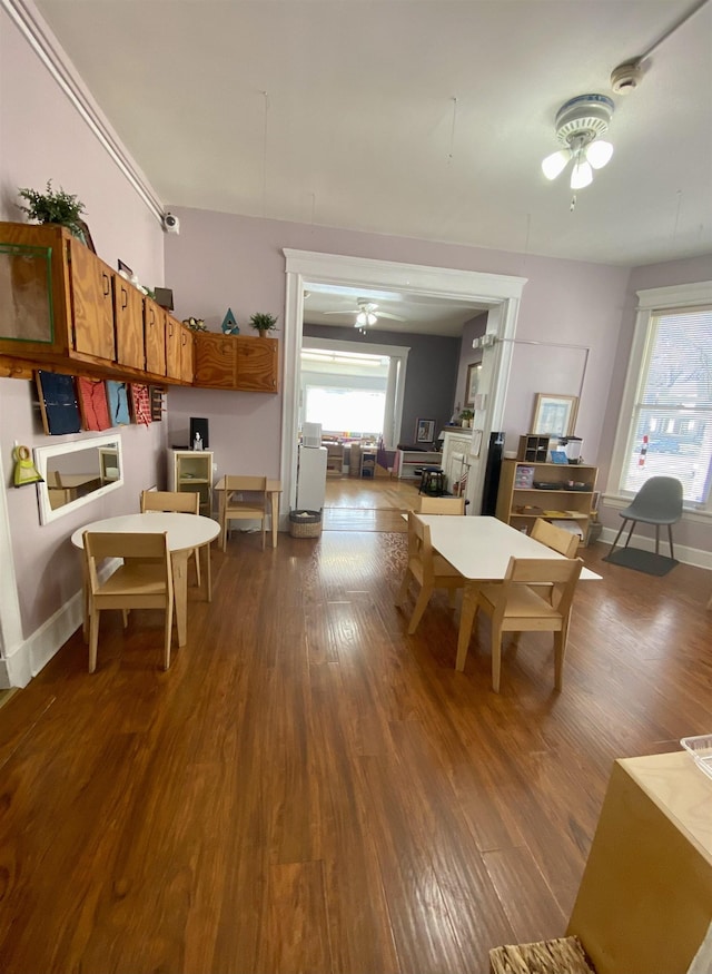 dining area featuring ceiling fan, dark wood-style floors, and a wealth of natural light