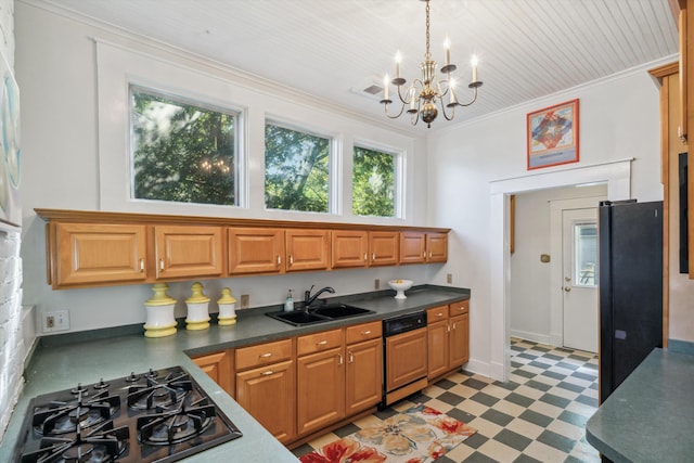 2009 Linden Ave, Memphis, TN 38104 - kitchen with an inviting chandelier, dark countertops, light floors, a sink, and black appliances