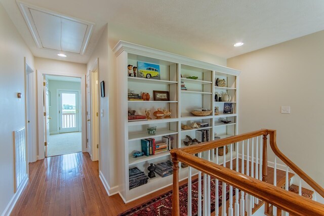 164B Aquaticview Way, Savannah, TN 38372 - hallway with visible vents, baseboards, attic access, recessed lighting, and hardwood / wood-style flooring