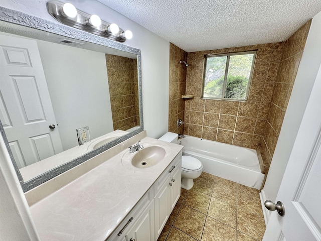 bathroom with vanity, toilet, a textured ceiling, shower / washtub combination, and visible vents