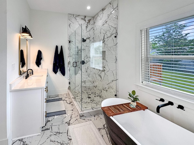 bathroom with vanity, marble finish floor, recessed lighting, a freestanding bath, and a marble finish shower