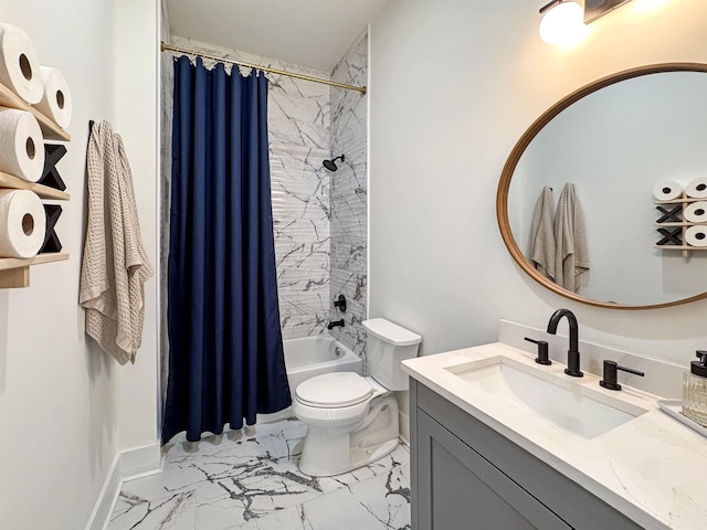 full bathroom featuring vanity, shower / tub combo, toilet, and marble finish floor