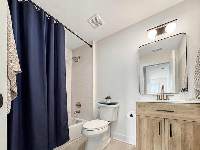 full bathroom with tile patterned floors, shower / bath combo, toilet, and visible vents