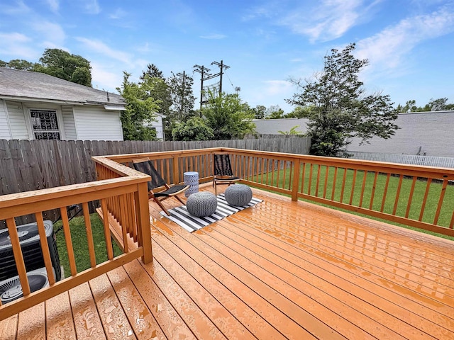 deck featuring a fenced backyard and a yard