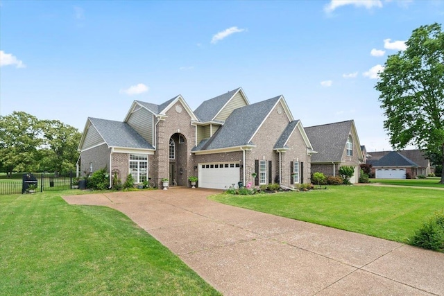 235 Fairoaks Dr, Oakland, TN 38060 - view of front of house featuring fence, brick siding, a garage, a front yard, and concrete driveway
