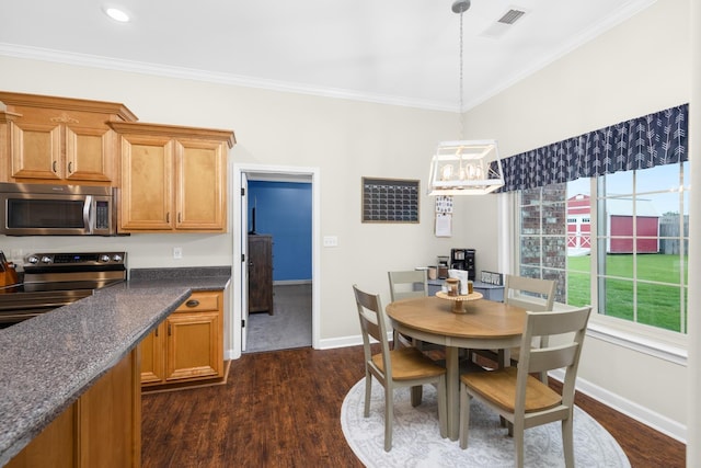 dining area featuring baseboards, dark wood finished floors, and a notable chandelier
