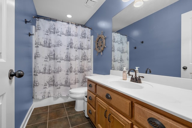 full bathroom with shower / bath combo, tile patterned flooring, vanity, toilet, and visible vents