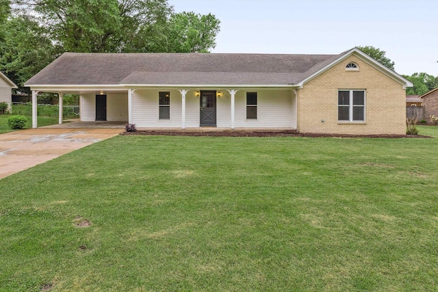 ranch-style house with a porch, brick siding, a front lawn, concrete driveway, and an attached carport