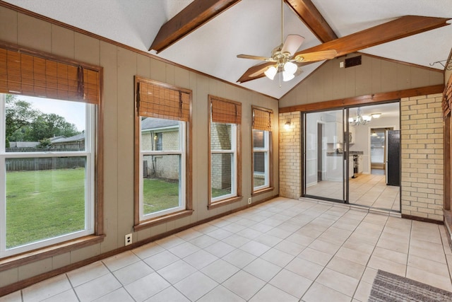 unfurnished sunroom featuring wooden walls, tile patterned floors, a chandelier, and vaulted ceiling with beams