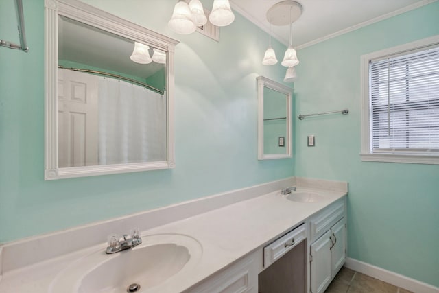 full bath featuring a sink, tile patterned flooring, ornamental molding, and double vanity