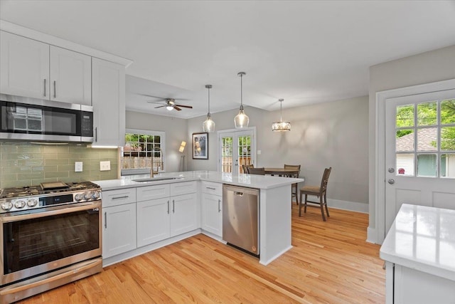 kitchen featuring light countertops, a sink, light wood-style flooring, and stainless steel appliances