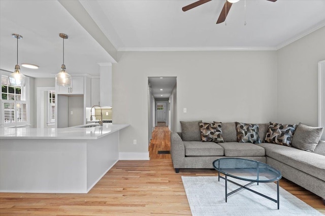 living area with baseboards, ornamental molding, a ceiling fan, and light wood finished floors