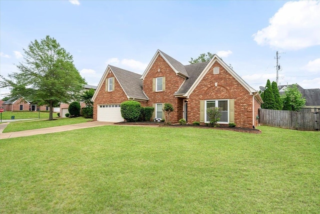 traditional home featuring driveway, a front yard, brick siding, fence, and a shingled roof