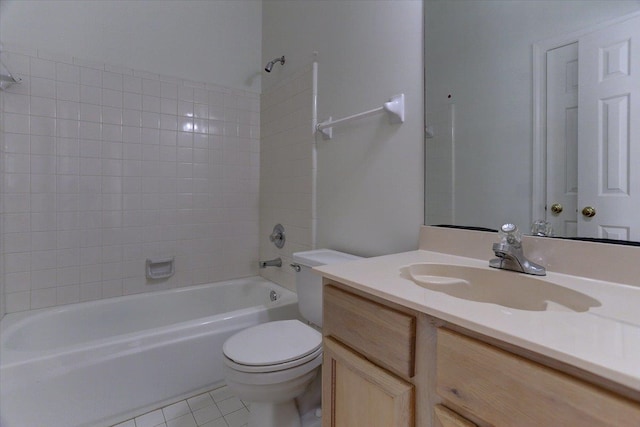 full bathroom with tile patterned flooring, shower / bathtub combination, toilet, and vanity
