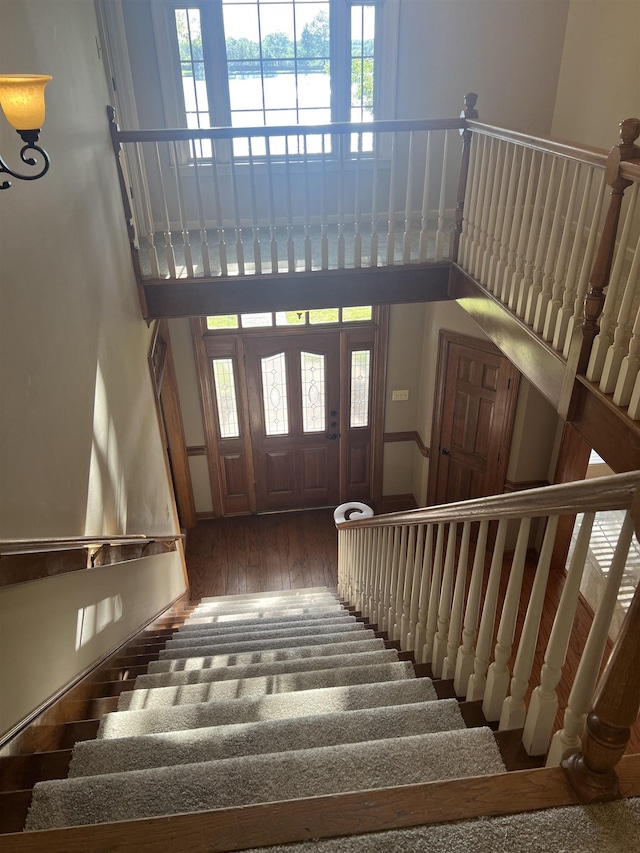 stairway featuring a water view, wood finished floors, and a towering ceiling
