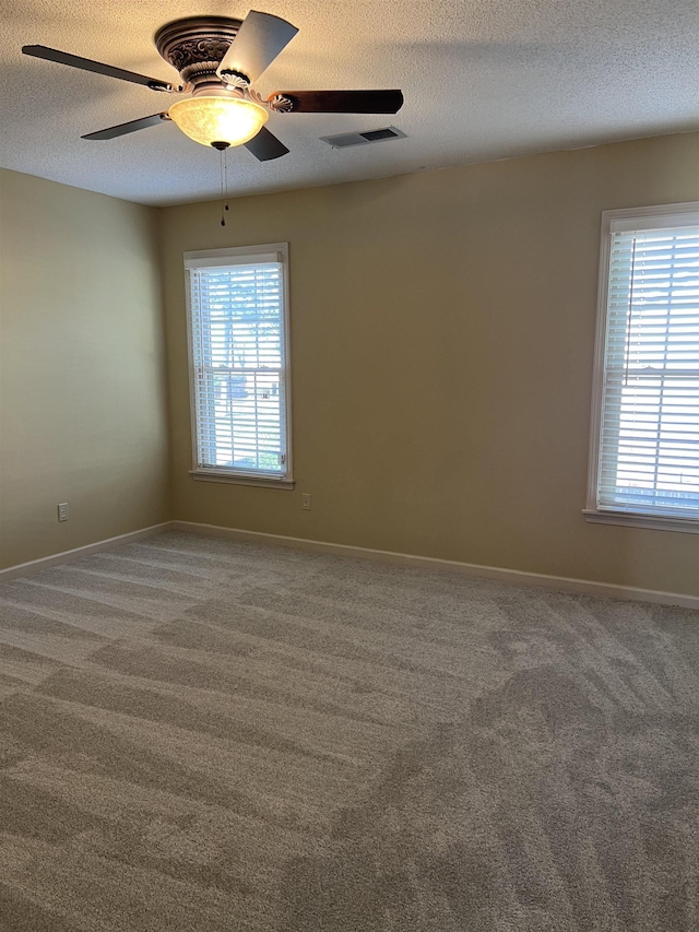 spare room with carpet floors, a textured ceiling, visible vents, and a wealth of natural light