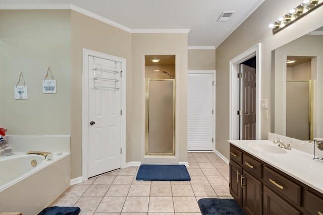 full bathroom with vanity, ornamental molding, visible vents, a stall shower, and tile patterned flooring
