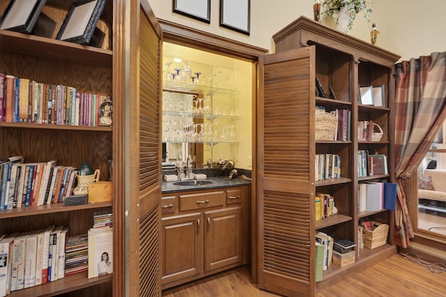 interior space featuring wet bar and light wood-type flooring