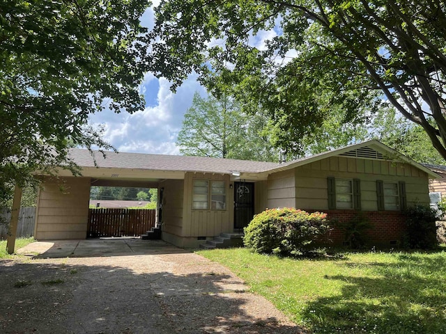2997 Atmore St, Memphis, TN 38118 - single story home featuring driveway, fence, crawl space, a front yard, and a carport