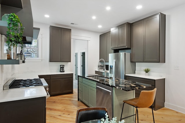 kitchen featuring light wood finished floors, a sink, visible vents, appliances with stainless steel finishes, and recessed lighting