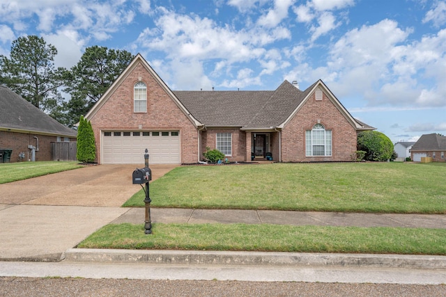 view of front of home with driveway, roof with shingles, brick siding, and a front lawn