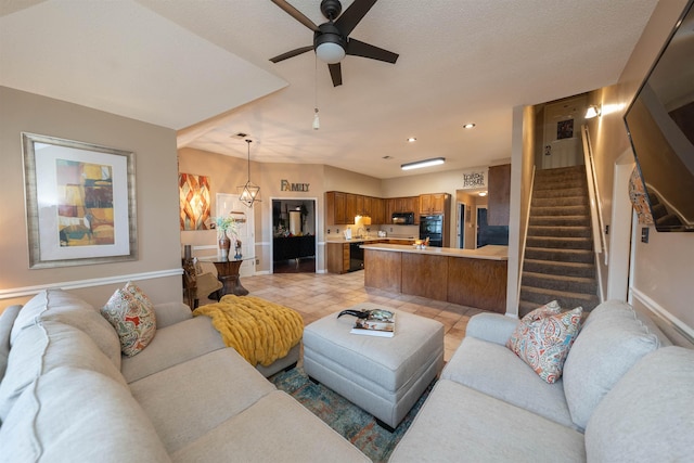 living room with light tile patterned flooring, recessed lighting, stairway, a ceiling fan, and baseboards
