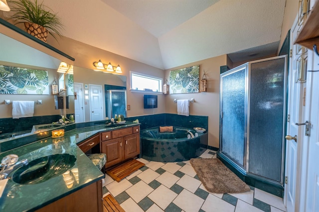 full bath featuring vanity, lofted ceiling, a shower stall, and a bath