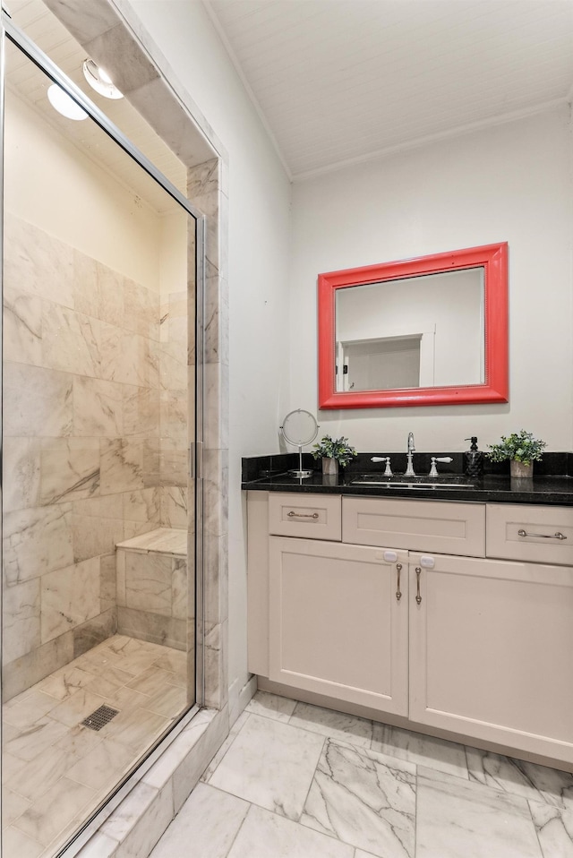 158 N Willett St, Memphis, TN 38104 - full bathroom with a shower stall, marble finish floor, baseboards, and vanity
