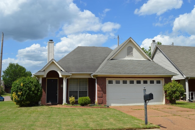 traditional home with a chimney, driveway, brick siding, and an attached garage