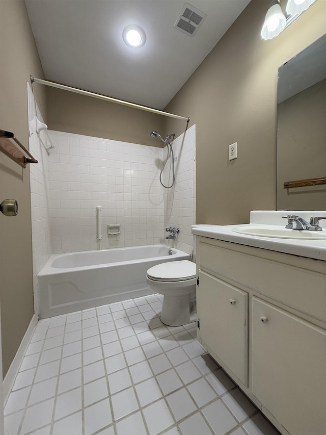 bathroom with toilet, visible vents, tile patterned floors, vanity, and shower / bathing tub combination