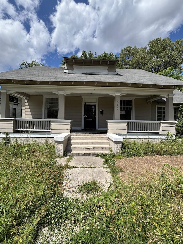 exterior space with covered porch and roof with shingles