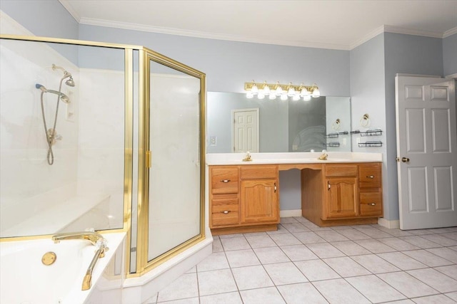 bathroom with double vanity, a bath, a shower stall, and a sink