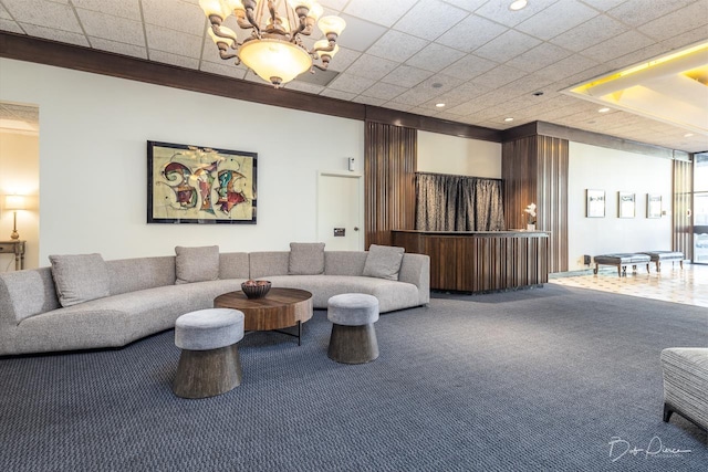 living area with recessed lighting and carpet floors