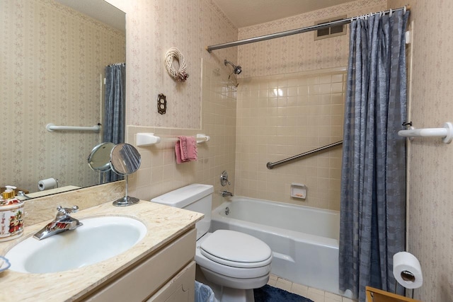 5676 Quince Rd Unit 7, Memphis, TN 38119 - full bathroom featuring shower / bath combo with shower curtain, wallpapered walls, toilet, visible vents, and vanity