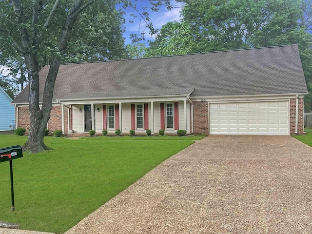 ranch-style home featuring driveway, a porch, an attached garage, and a shingled roof