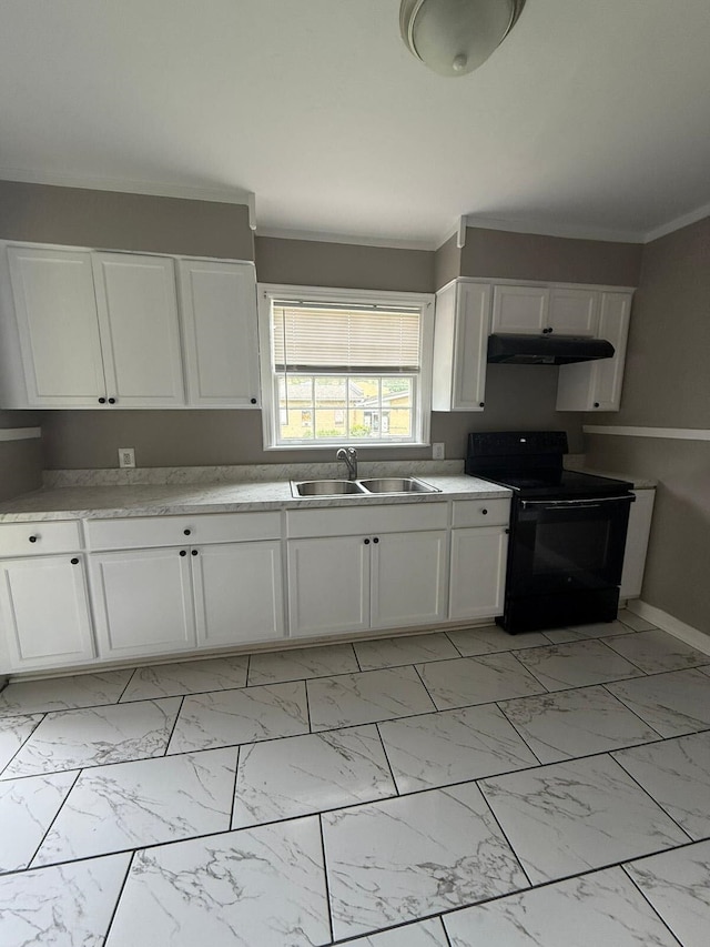 3274 Crete Ave, Memphis, TN 38111 - kitchen with black electric range oven, a sink, light marble finish floors, white cabinetry, and crown molding