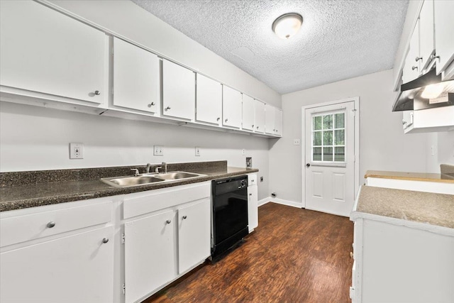 kitchen with dishwasher, a sink, dark wood finished floors, a textured ceiling, and white cabinetry
