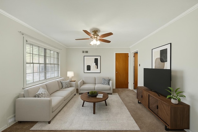 1844 Myrna Ln, Memphis, TN 38117 - carpeted living room with crown molding and ceiling fan