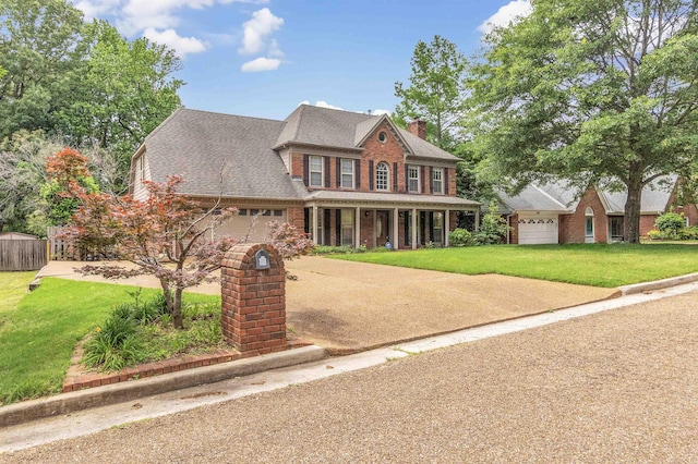 345 Locust Grove Grv, Memphis, TN 38018 - view of front facade featuring covered porch, a front yard, an attached garage, and a chimney