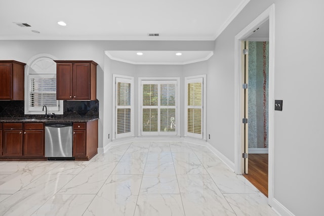 kitchen featuring stainless steel dishwasher, baseboards, tasteful backsplash, light marble finish flooring, and a sink