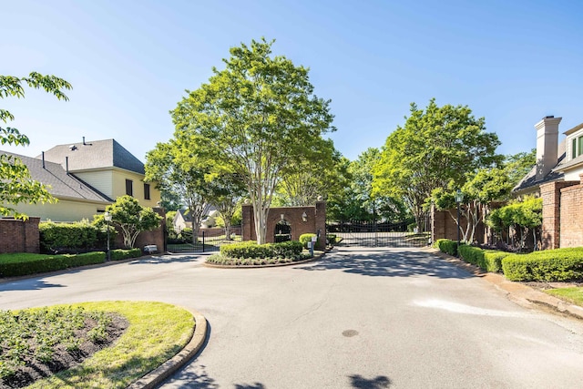 view of asphalt street with a gate, curbs, and a gated entry